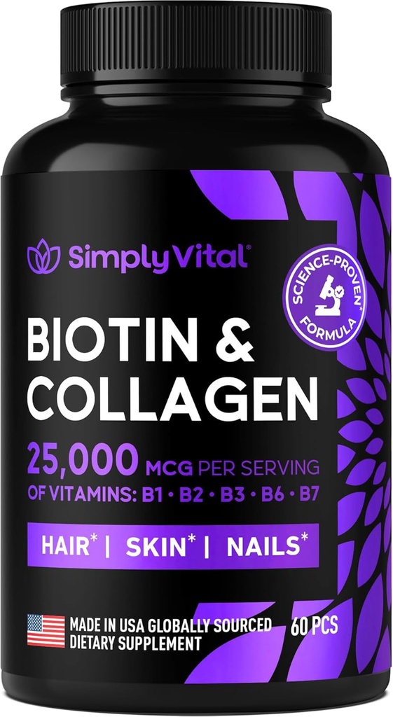 Keratin 25000 mcg ile Biotin ve Collagen Supplements - Saç Skin & Nails B Kompleksi ile Vitaminler - ABD'de Yapılacak - Saç Büyüme Kadın & Erkek Destek Skin & Nails için Biotin, 60 Capsules