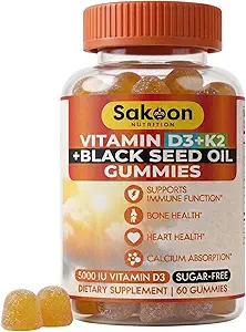 Sakoon beslenme 5000 IU Vitamin D3 K2 Vitamini Kemik, Diş, Kas ve Immune Defense Support, Non-GMO ve Gluten Free, 60 Gummy Chewables