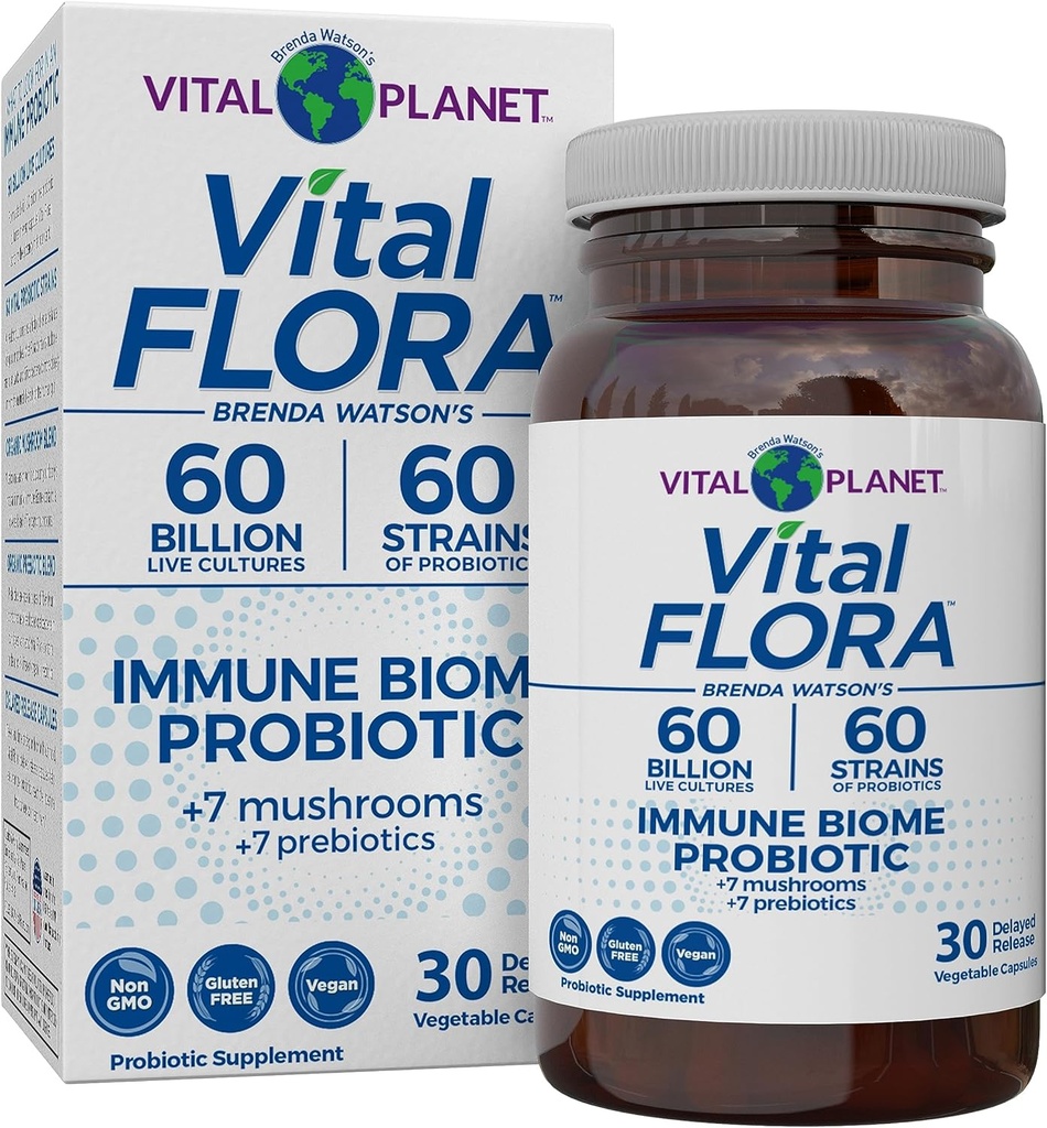 Vital Planet - Vital Flora Immune Support Probiyotik, 60 Milyar CFU, Diverse Strains, Organik Mushroom Supplement Meeting with Prebiyotiks, Digestive Health Probiyotiks for Women and Men 30 Capsules