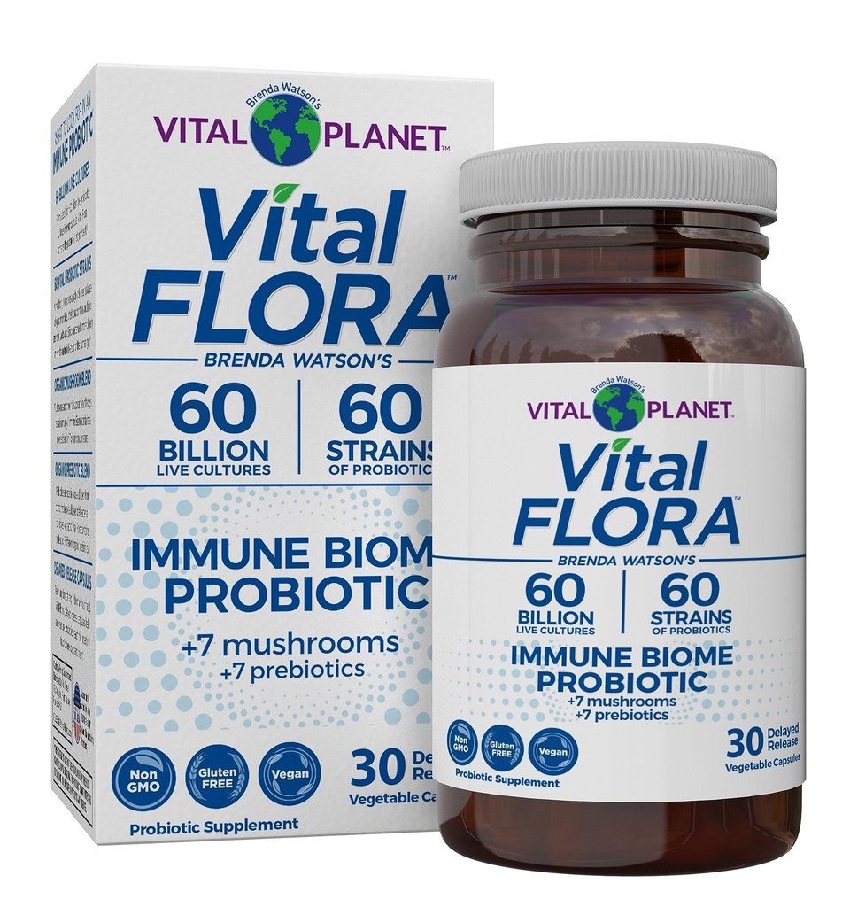 Vital Planet - Vital Flora Immune Support Probiyotik, 60 Milyar CFU, Diverse Strains, Organik Mushroom Supplement Meeting with Prebiyotiks, Digestive Health Probiyotiks for Women and Men 30 Capsules