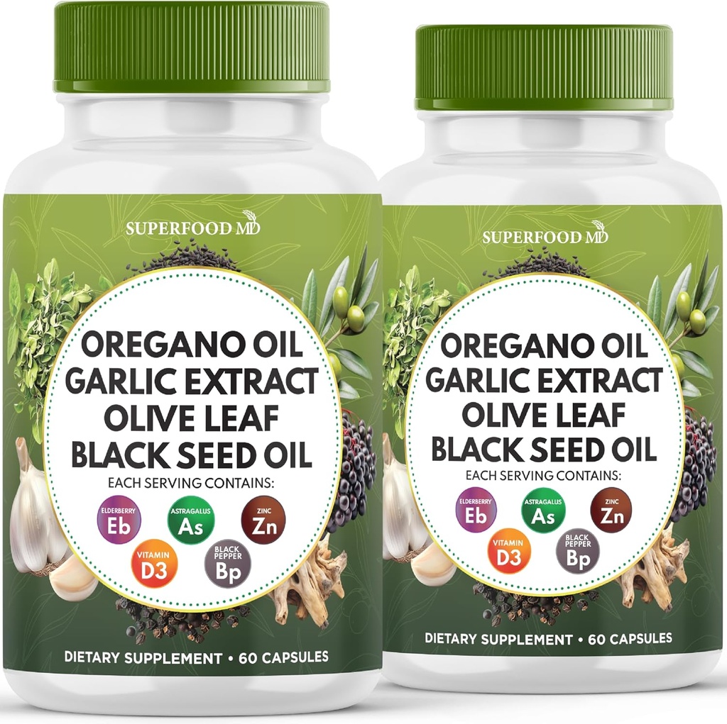 Oregano Oil, Garlic Extract, Olive Leaf, Black Seed Oil, Astragalus-Immune Support & Digestive Health Supplement for Women and Men- 120 Count