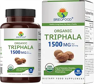 Brieofood Organic Triphala 1500mg, 45 μερίδες, χορτοφάγοι, χωρίς γλουτένη, 90 χορτοφαγικά δισκία