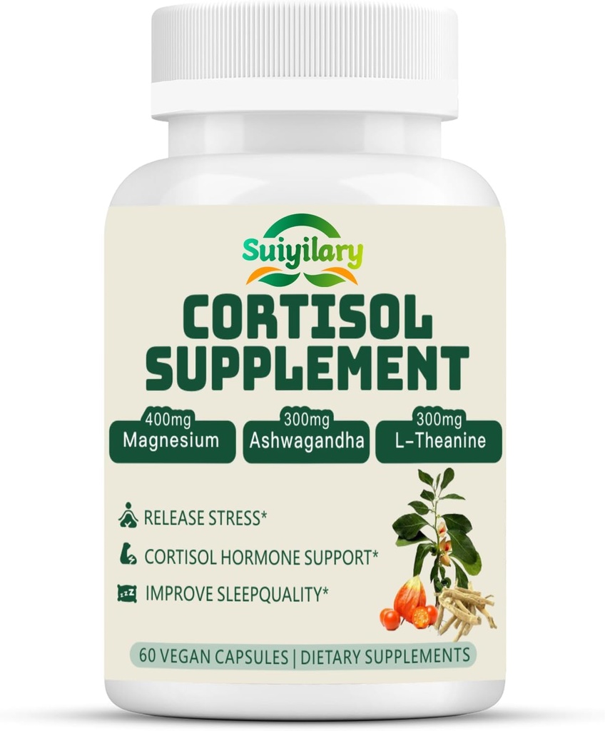 Kadınlar için Cortisol Supplement, Hormon Denge, Magnezyum, Ashwagandha, Rhodiola, L-Theanine, Vitamin B6 & B12, Mood, Focus, Sleep Support, Vegan 60 Capsules