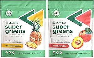 Rewind Super Greens Powder - Supports Energy, Immunity, and Gut Health - Over 40 Superfoods - Delicious Powdered Greens - Pineapple and Peach