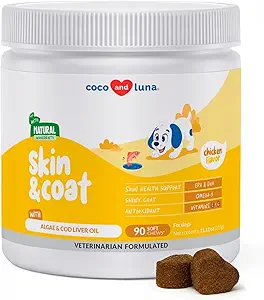 Omega 3 Köpekler için Balık Yağı - Cod Liver Oil, Algae, EPA & DHA Fatty Asits for Dog Shedding, Itch Relief, Hot Spots, Skin Alerji, Joint & Heart Support - 90 Soft Chews