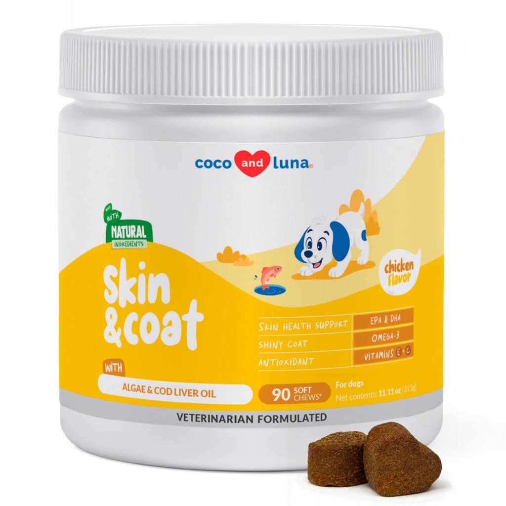 Omega 3 Köpekler için Balık Yağı - Cod Liver Oil, Algae, EPA & DHA Fatty Asits for Dog Shedding, Itch Relief, Hot Spots, Skin Alerji, Joint & Heart Support - 90 Soft Chews