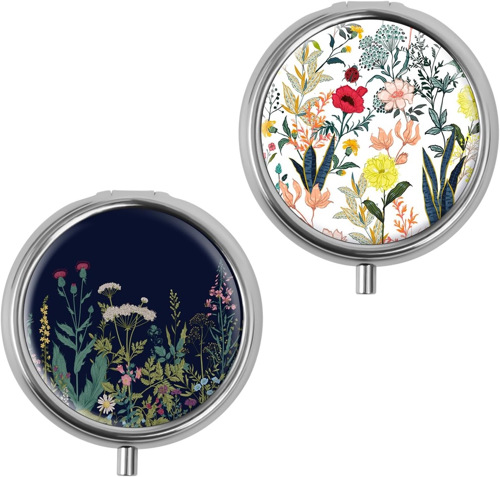 Mini Pill Box, Small Pill Box, Portable Pill Box, Cute Pill Organizer for Vitamins, Drugs, Fish Oil and Supplements (Beyaz Çiçekler + Siyah Çiçek)