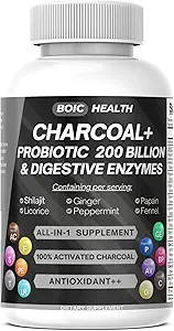 Aktif Charcoal Capsules – Shilajit ile Ekstra Güç, 200 Milyar CFU Probiyotikler, Digestive Enzymes, Peppermint, Fennel, Licorice & Ginger – 120 Capsules (Paket 1)