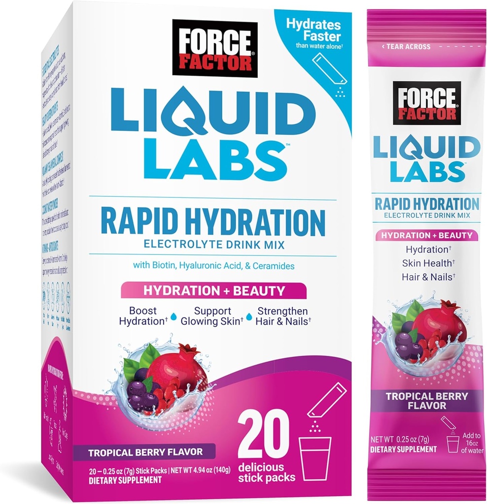 Force Factor Liquid Labs Beauty, Hydration Packet for Stronger Hair, Skin & Nails. Monoaluronik asit, Biotin ve Ceramids ile elektrolitler. Tropikal Berry Flavor, 20 Stick Packs