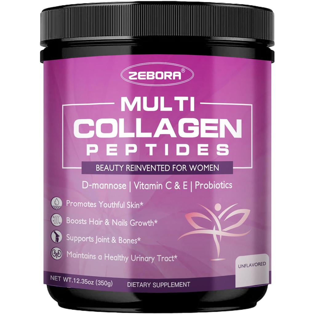 ZEBORA Multi Collagen, Toz for Women – Hydrolyzed Collagen, with D-Mannose & Women's Probiyotiks - Supports Skin, Hair, Nails, and Urinary Tract Health, Unflavored, 35 Hizmet