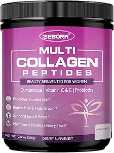 ZEBORA Multi Collagen, Toz for Women – Hydrolyzed Collagen, with D-Mannose & Women's Probiyotiks - Supports Skin, Hair, Nails, and Urinary Tract Health, Unflavored, 35 Hizmet