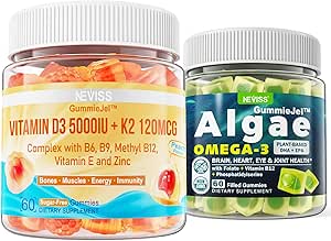NEVISS Vitamin D3 5000IU + K2 (MK-7) 120 Cebies 1000 mg + Vegan Omega 3 Gummies 1000 mg