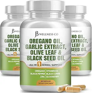 JB Wellness Oregano Oil, Olive Extract, Olive Leaf, Astragalus - Immune Support & Digestive Health Supplement for Women and Men - 180