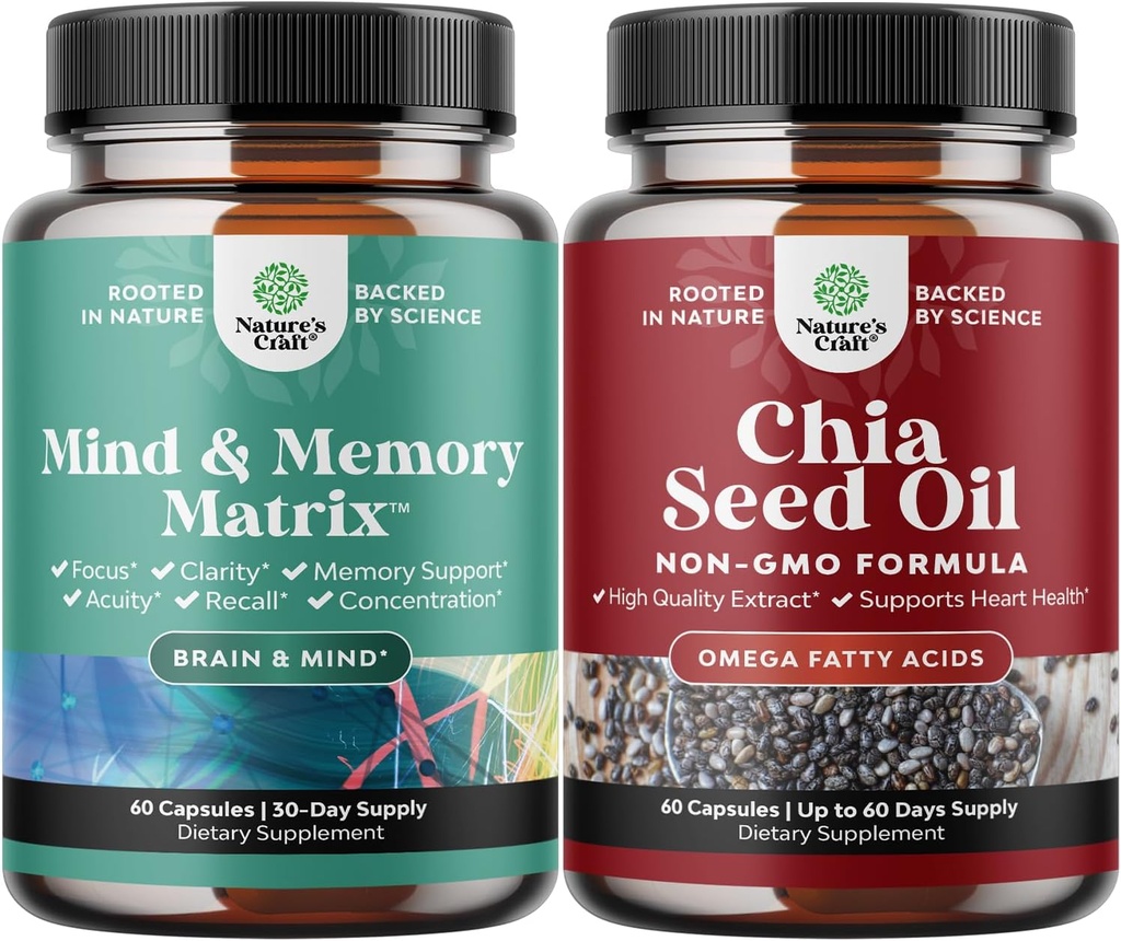 Memory, Focus, Clarity, Energy ve Chia Seed Oil Capsules with Plant Omega 3 6 9 and Fiber for Heart, Digestive & Immune Support