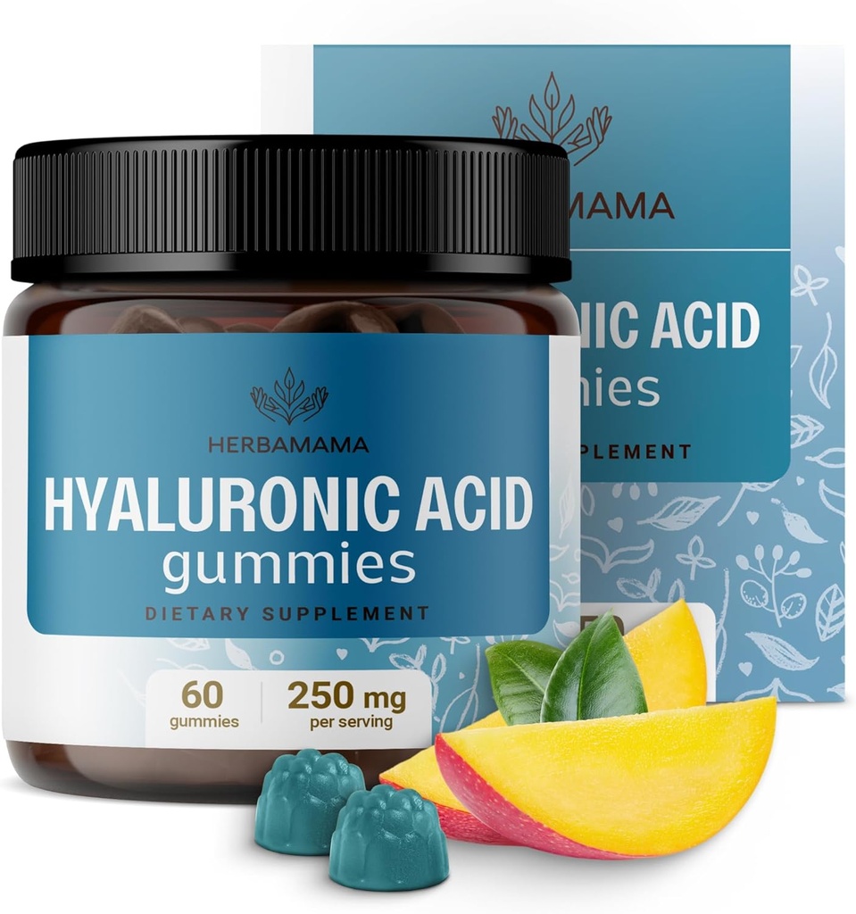 HERBAMA Hyaluronic Acid Gummies - 250mg Καθαρό Υαλουρονικό Οξύ για τα μαλλιά, το δέρμα και τα νύχια Υποστήριξη - Vegan, Μη ΓΤΟ συμπλήρωμα ελαστικότητας δέρματος - 60 Pectin-based Mango-Flavored Chews