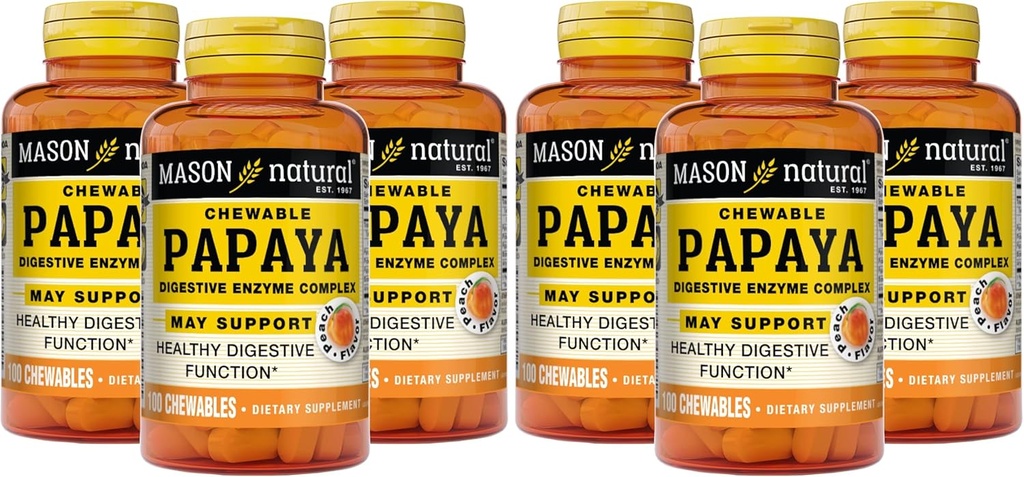 MASON NATURAL Papaya Digestive Enzyme Complex - Υγιής Πειθιστική Λειτουργία, Προάγει την Απορρόφηση των θρεπτικών συστατικών, Ροδάκινο Γεύση, 100 Μασώμενα (πακέτο των 6)