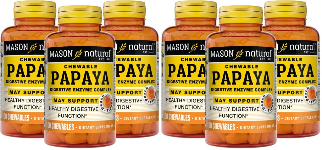 MASON NATURAL Papaya Digestive Enzyme Complex - Healthy Digestive Function, Promotes Nutrient Absorption, Peach Flavor, 100 Chewables (Pack of 6)