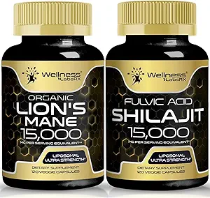WELLNESS LABSRX Lions Mane Supplement Capsules - 120 Kont - Mushroom Supplement, Brain Supplements for Memory and Focus │Shilajit Pure Himalaya Organik Capsules with Natural Occuring Fulvic Acid Capsules