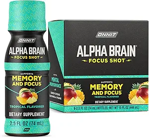 ONNIT Alpha Brain Focus Shot, Tropikal Flavor, Nootropic Diyetary Supplement Drink That Supports Energy, Focus ve Mood, IGENTM Non-GMO Tested, 2.5 fl oz, 6 Count