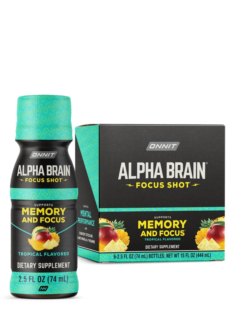 ONNIT Alpha Brain Focus Shot, Tropikal Flavor, Nootropic Diyetary Supplement Drink That Supports Energy, Focus ve Mood, IGENTM Non-GMO Tested, 2.5 fl oz, 6 Count