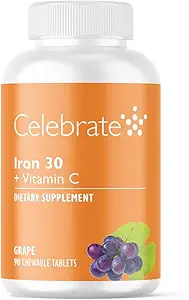 C ile Vitamin Demir Supplement - 30 mg Iron, 60 mg Vitamin C, Bariatrik Vitaminleri WLS Hastaları, Dikey Kol ve Gastrik Bypass Cerrahisi - Grape, 90 Chewable Tabletler