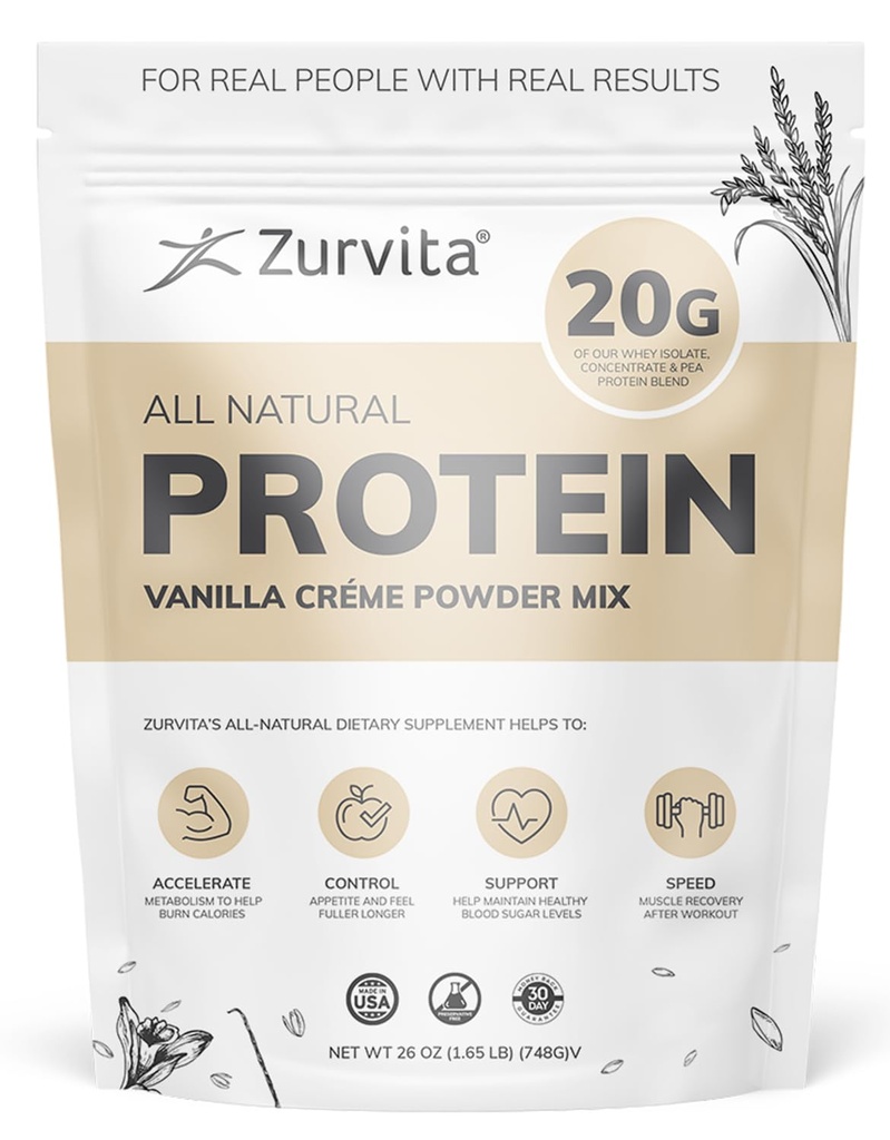 Zurvita - Vanilla Crème protein Toz- proteini, Probiyotikler, Yapay Tatlıcılar, 24+ Vitaminler ve Mineraller, 140 Cal/Scoop - 26oz (20 hizmet)