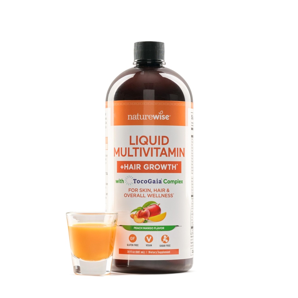 NatureWise Liquid Multivitamin Hair Growth for Women & Men + Tocogaia® for Hair Growth & Skin Elasticity Support + Biotin, Vitamin D, E, B - Sugar Free Multivitamin, Vegan - 30 fl oz[30 hizmet]
