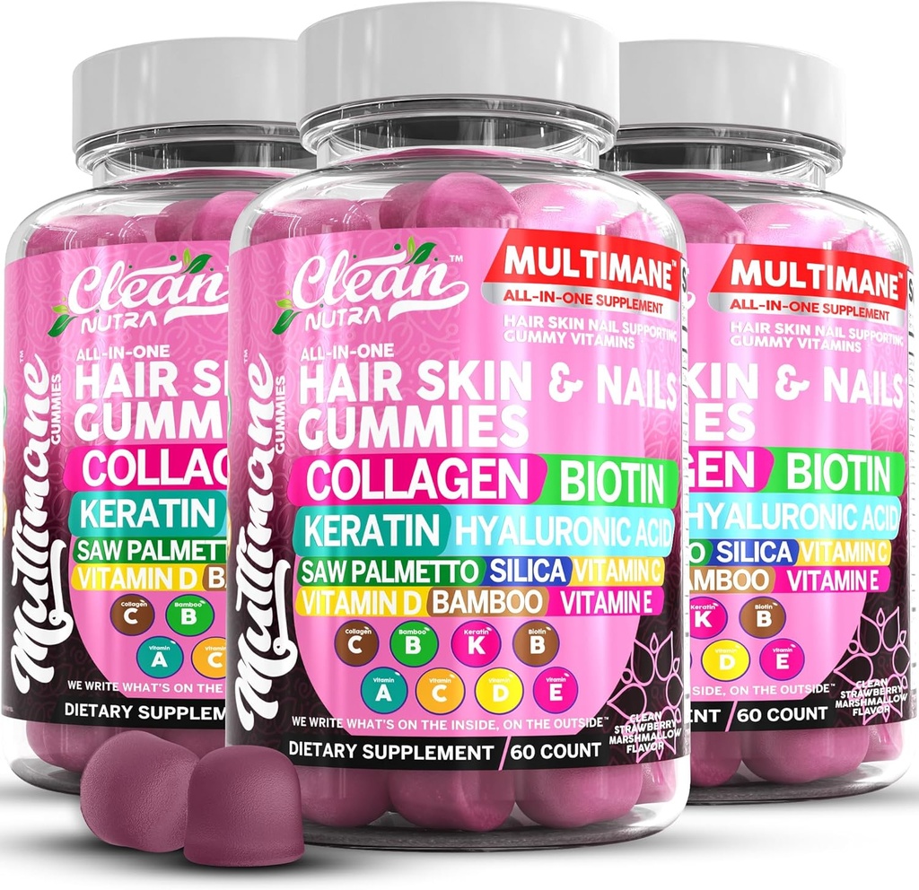 Multimane Collagen Gummies με Biotin Keratin Hyaluronic Acid Bamboo Vitamin A C Βιταμίνη D Βιταμίνη Ε Folate Saw Palmetto Silica B3 Βιταμίνες Δέρμα μαλλιών και νύχια Gummies by Clean Nutra