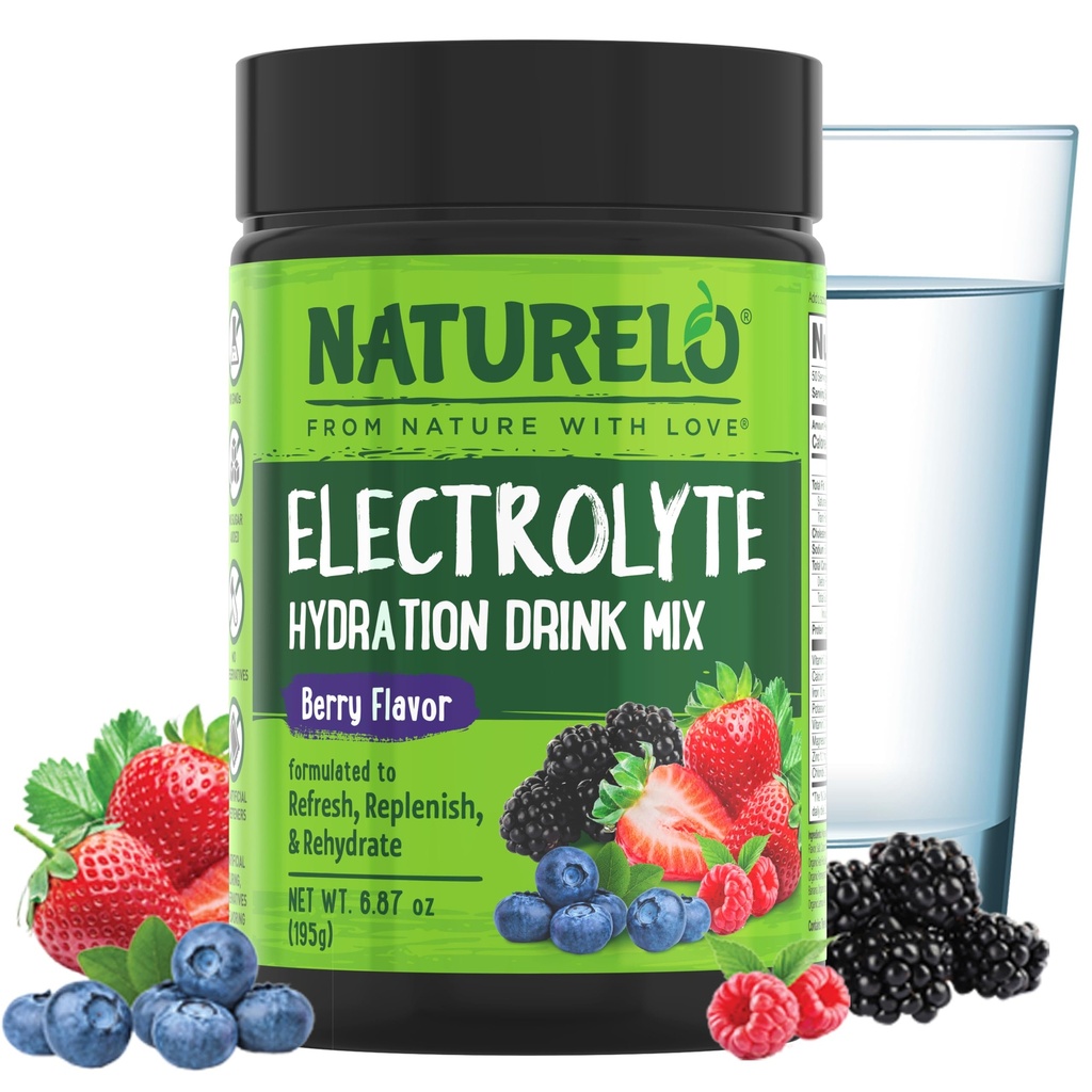 NATURELO Electrolyte Powder, Hydration and Mineral Drink Mix, Sugar Free & Non-GMO Berry Flavor 50 Servings
