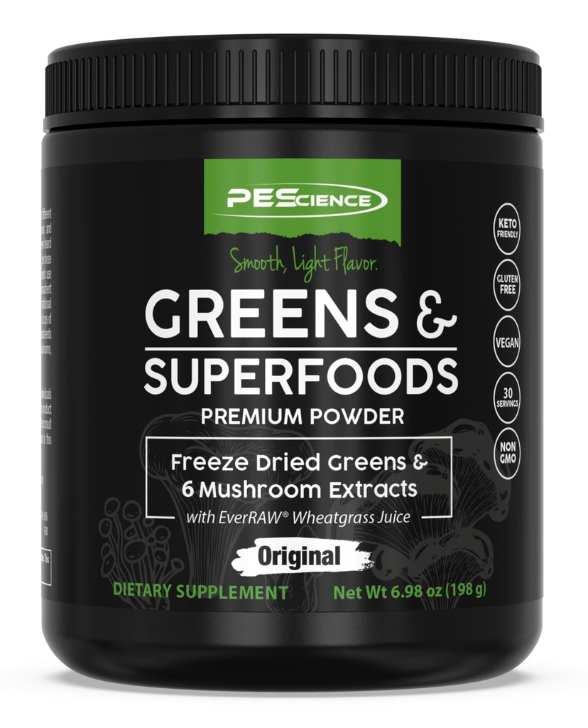 PEScience Greens Powder Superfood with Natural Chlorophyll, Reishi & Turkey Tail Mushroom Powders, Freeze-Dried Kale, Spinach, Broccoli Sprouts with Antioxidants - Original Flavor, 30 Servings