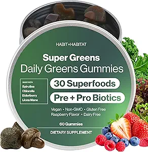 Daily Greens Plus Gummies – Superfood Blend with Chlorella, Spirulina, Beetroot, Lion's Mane, Ashwagandha & Reishi for Energy, Stress Relief & Wellness - Raspberry Flavored - 60 Kont