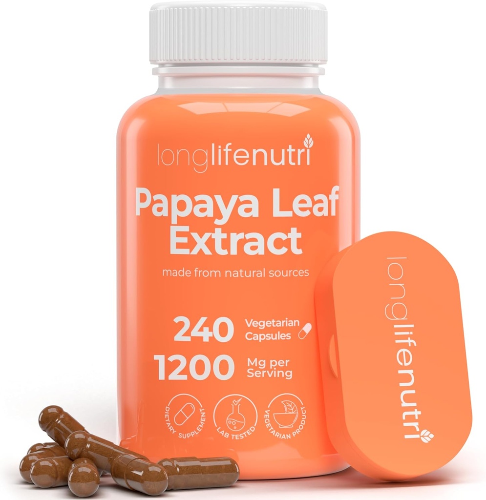 LongLifeNutri Papaya Leaf Extract Supplement 1,200mg per Serving - 240 Vegetarian Capsules, 4-Month Supply, from Carica Papaya for Daily Wellness, GMP Certified, Made in USA