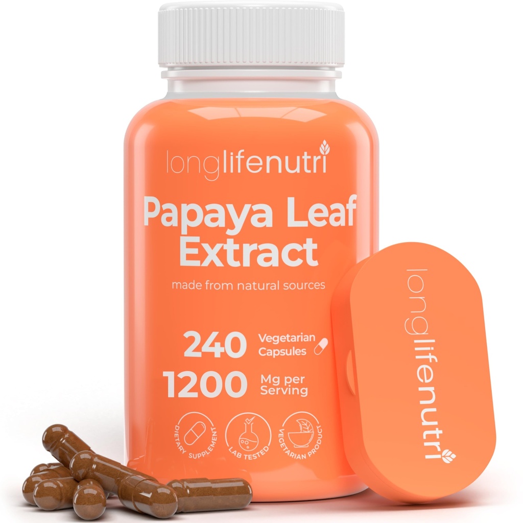 LongLifeNutri Papaya Leaf Extract Supplement 1.200 mg hizmet başına - 240 Vegetarian Capsules, 4Month Supply, Carica Papaya'dan Daily Wellness için, GMP sertifikalı, ABD'de Made in USA