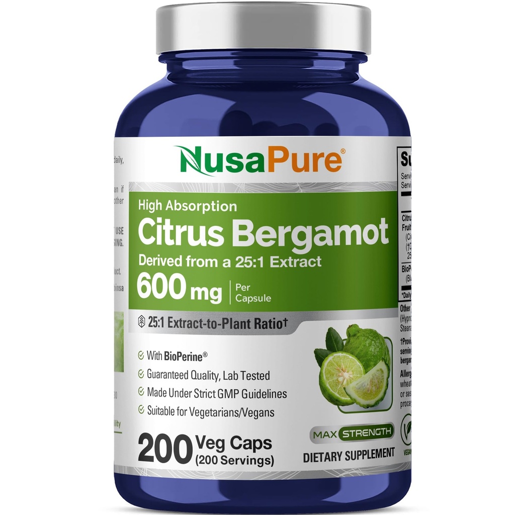 NusaPure Citrus Bergamot Capsules 15,000 mg, 200 Capsules - 25:1 Bergamot Ekstraksiyon - 200 Hizmet, Bioperine, Vegan, Non-GMOMO