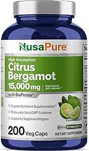 NusaPure Citrus Bergamot Capsules 15,000 mg, 200 Capsules - 25:1 Bergamot Ekstraksiyon - 200 Hizmet, Bioperine, Vegan, Non-GMOMO