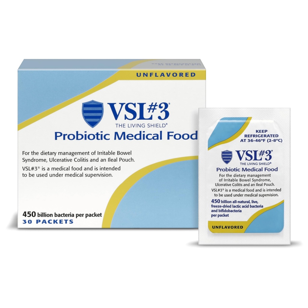VSL #3 Probiyotik Toz Digestive Health, IBS & UC Belirtileri - 450B CFUs, High-Potency, Multi-Strain, Live, Reerated Probiyotik, Medical Food for Gut Health Support in Men & Women, 30 Pack