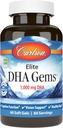 Carlson - Elite DHA Gems, 1000 mg DHA, Wild Caught, Βιώσιμα πηγάζει, εγκεφαλική λειτουργία & υγιής όραση, 60 Softgels