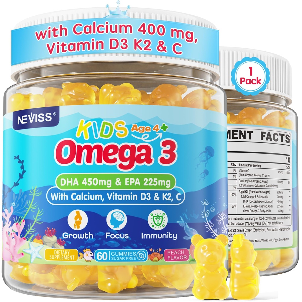 Çocuklar Omega 3 Gummies + Kalsiyum 400 mg + Vitamin D3 K2 + C, Omega-3 DHA & EPA Supplement - No Fish Burps, No Sugar - Kids & Young Omḛga 3 + Multivitamin Gummy for Strong Bones, Brain, Immune, Eye, 60Cts
