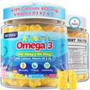 Çocuklar Omega 3 Gummies + Kalsiyum 400 mg + Vitamin D3 K2 + C, Omega-3 DHA & EPA Supplement - No Fish Burps, No Sugar - Kids & Young Omḛga 3 + Multivitamin Gummy for Strong Bones, Brain, Immune, Eye, 60Cts