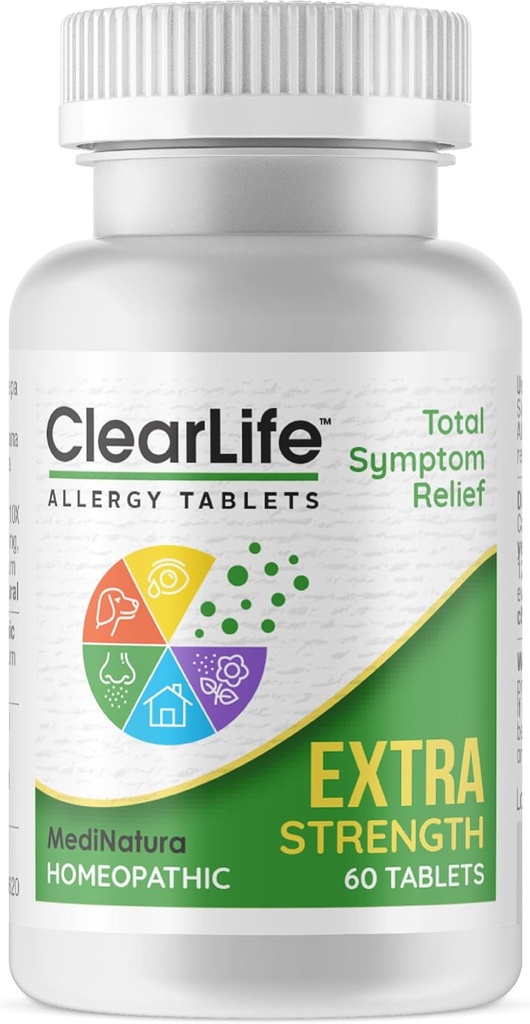 ClearLife Extra Strength Multi-System Allergy Relieving Homeopathic Remedy - 15 Powerful Actives Provide Potent Maximum Congestion, Itchiness & Sinus Pressure Relief - Non-Drowsy - 60 Tablets
