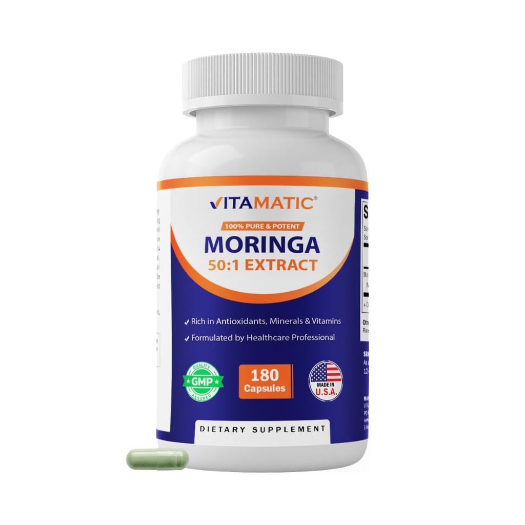 Vitamatic Moringa Κάψουλες 10.000 mg Ισοδύναμο ανά υπηρεσία (από 50:1 Extract 200 mg) - 180 Κάψουλες - Pure Moringa Oleifera Leaf Powder Supplement - Green Superfood - Μη ΓΤΟ, Made in The USA