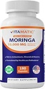 Vitamatic Moringa Capsules 10,000 mg Equivalent Per Serving (from 50:1 Extract 200 mg) - 180 Capsules - Pure Moringa Oleifera Leaf Powder Supplement - Green Superfood - Non-GMO, Made in The USA