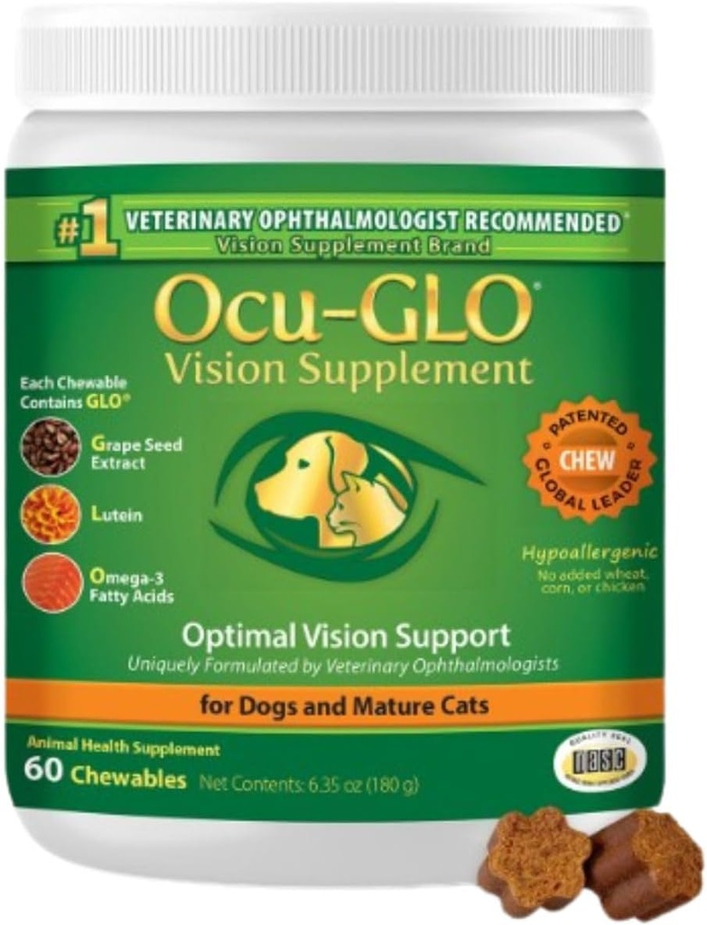 Ocu-GLO Cat & Dog Senior Supplement for Eye Support - Büyük ve Küçük Evcil Hayvan Bakımı Lutein, Omega-3 Fatty Acids, Grape Seed & Antioksisss