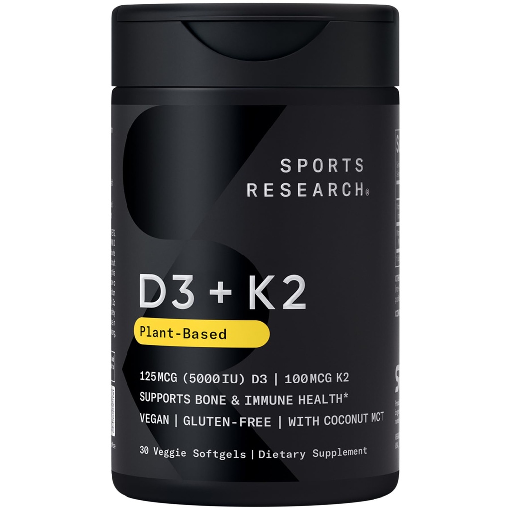 Sports Research® Vegan Vitamin D3 + K2 w/Coconut Oil, 30 Count Plantgels™ | Plant-Based Vitamin D 5000iu/125mcg & Soy-Free Vitamin K 100mcg for Bone & Immune Support - Vegan Certified & Non-GMO Verifed