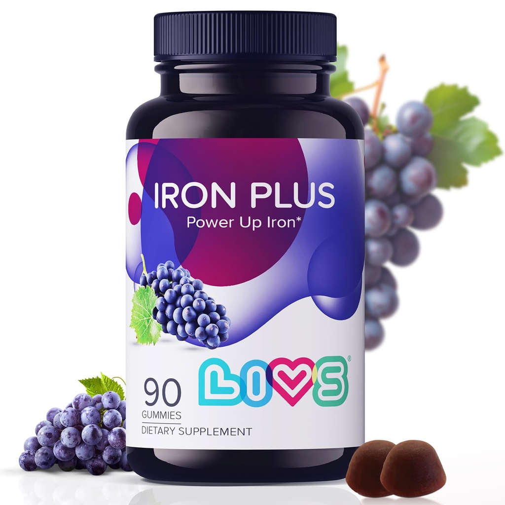 LIVS Iron Supplement for Women & Men with Vitamin C, A, B3, B5, B6, B12, Biotin, çinko & Folate | Non-GMO, Gluten Free Chewable Supplement as Gummy for Energy Boost & Anemi Support - 90