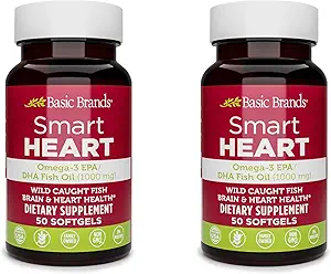 Temel Markalar Smart Heart Omega-3 Fish Oil 1000 mg - Triple Strength EPA & DHA, Non-GMO, Heart & Cognitive Support - 50 Burpless Softgels - 2Pack