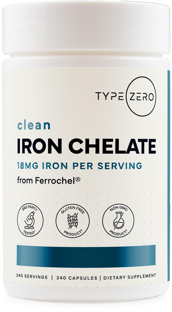 Tip Zero Iron Chelate Capsules (18 MG, 240 CAPS) Ferrochel Ferrous Bisglycinate Chelate - Non-GMO ve Gluten Free