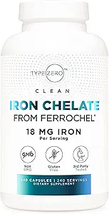Tip Zero Iron Chelate Capsules (18 MG, 240 CAPS) Ferrochel Ferrous Bisglycinate Chelate - Non-GMO ve Gluten Free