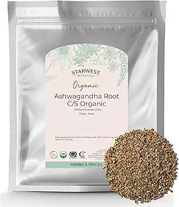 Starwest Βοτανικές Βιολογικές Root Ashwagandha για γυναίκες & άνδρες - Αποξηραμένο βότανο για τσάι, κάψουλες, & φυσικά βότανα, κομμένα & κοσκινισμένα, πιστοποιημένα Kosher, μη GMO - Μαζική τσάντα 1 lb