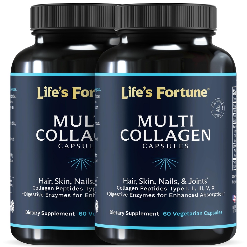 Multi Collagen, Tipleri I, II, III, V & X Hydrolyzed Protein Capsules – Grass-Fed, Blend with Digestive Enzyme - For Skin, Hair, Nails, Commons & Gut Health, Unflavored (60 Kont)